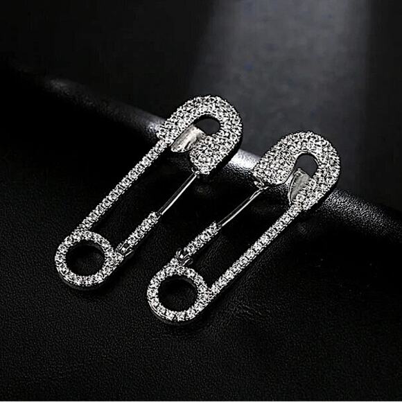 Silver Rhinestone Safety Pin Earrings, Minimalist - Picture 3 of 6